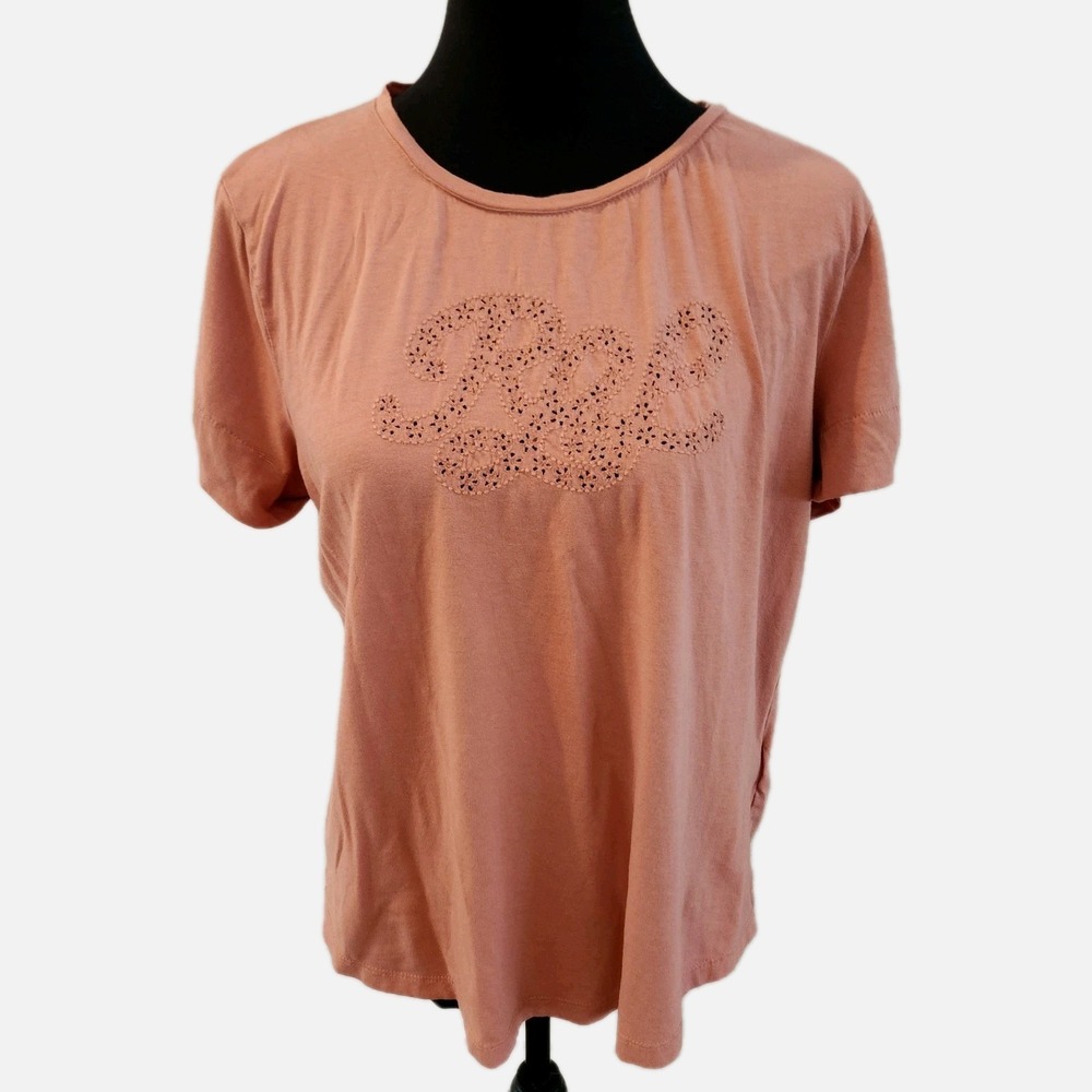 Polo Ralph Lauren Women's Neutral Clay Pink Embroidered Cuffed T-Shirt Sz Large